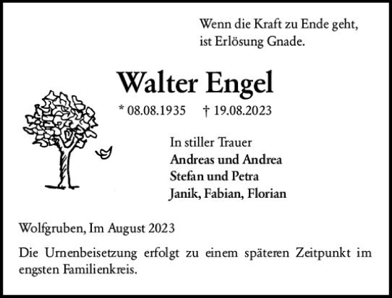 Traueranzeige von Walter Engel von Hinterländer Anzeiger