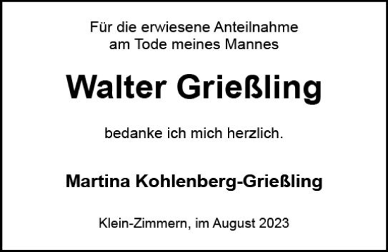 Traueranzeige von Walter Grießling von Dieburger Anzeiger/Groß-Zimmerner Lokal-Anzeiger