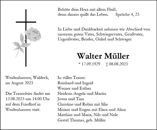Traueranzeige von Walter Müller von Hinterländer Anzeiger