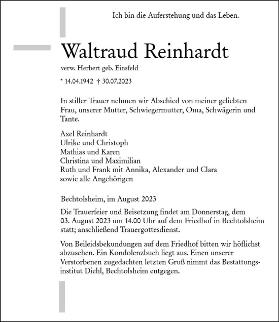 Traueranzeige von Waltraud Reinhardt von Allgemeine Zeitung Alzey