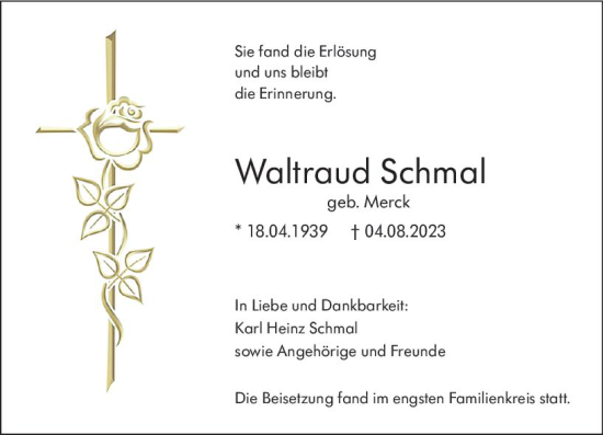 Traueranzeige von Waltraud Schmal von Wormser Zeitung