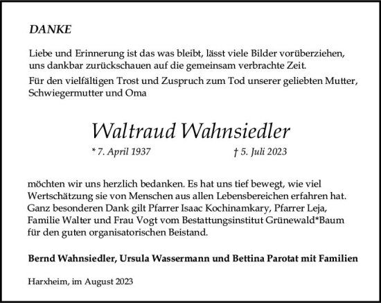 Traueranzeige von Waltraud Wahnsiedler von Allgemeine Zeitung Mainz