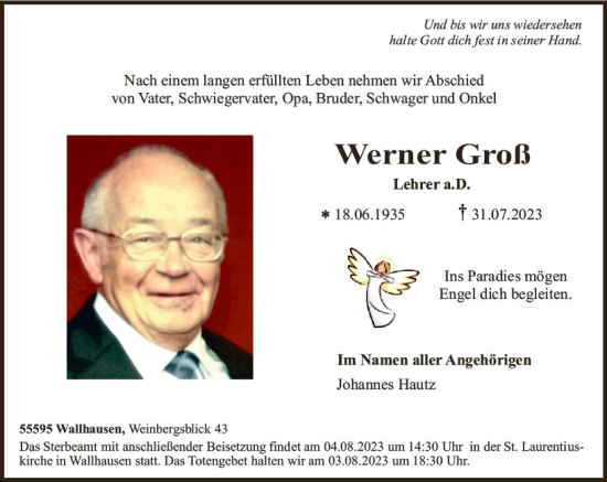 Traueranzeige von Werner Groß von Allgemeine Zeitung Bad Kreuznach