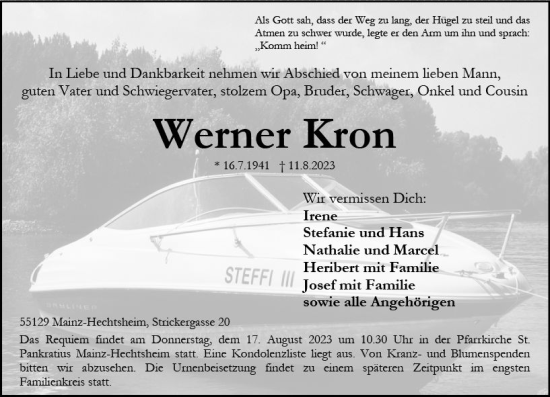 Traueranzeige von Werner Kron von Allgemeine Zeitung Bingen/Ingelheim Traueranzeige von Werner Kron von Allgemeine Zeitung Bingen/Ingelheim