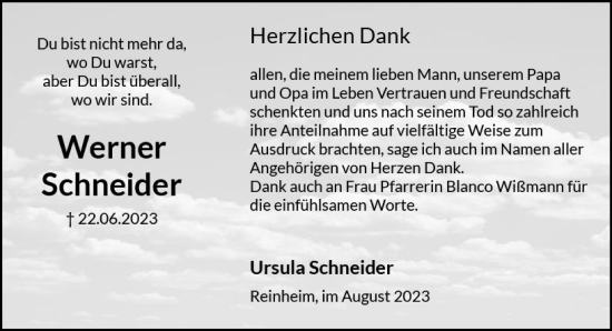Traueranzeige von Werner Schneider von Darmstädter Echo