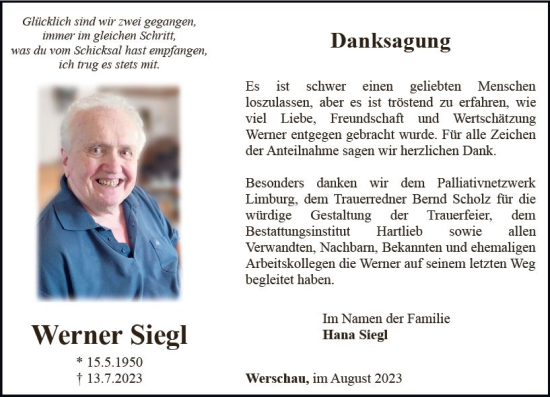 Traueranzeige von Werner Siegl von Camberger Anzeiger