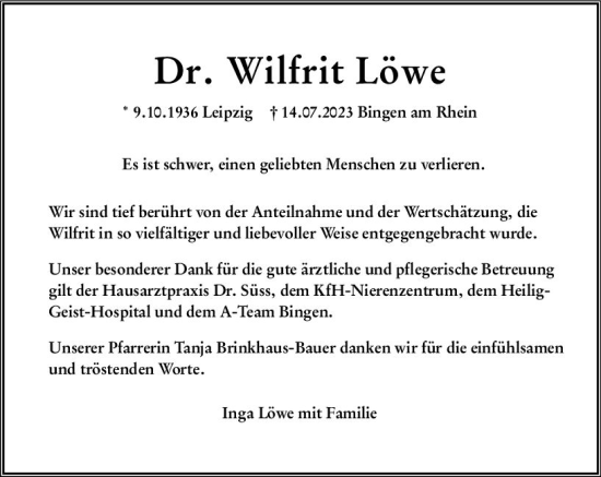 Traueranzeige von Wilfrit Löwe von Allgemeine Zeitung Bingen/Ingelheim