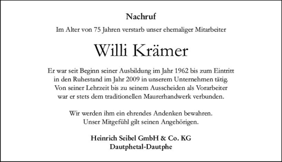 Traueranzeige von Willi Krämer von Hinterländer Anzeiger