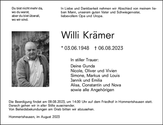 Traueranzeige von Willi Krämer von Hinterländer Anzeiger