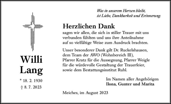 Traueranzeige von Willi Lang von VRM Trauer
