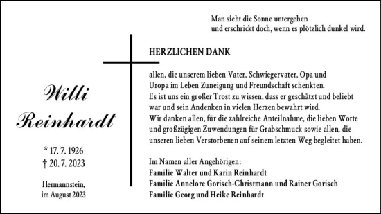 Traueranzeige von Willi Reinhardt von Wetzlarer Neue Zeitung