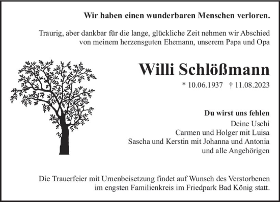 Traueranzeige von Willi Schlößmann von Odenwälder Echo