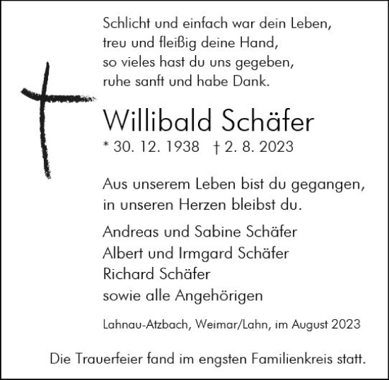 Traueranzeige von Willibald Schäfer von Wetzlarer Neue Zeitung
