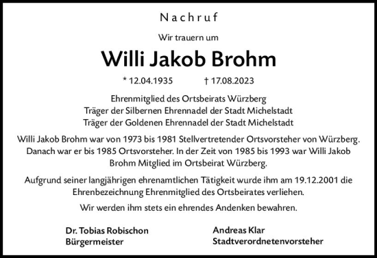Traueranzeige von Willi Jakob Brohm von Odenwälder Echo