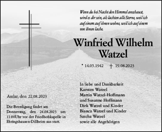 Traueranzeige von Winfried Wilhelm Watzel von Wetzlarer Neue Zeitung