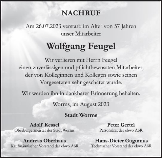 Traueranzeige von Wolfgang Feugel von Wormser Zeitung