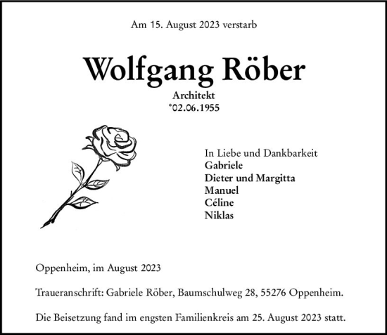 Traueranzeige von Wolfgang Röber von Allgemeine Zeitung Mainz