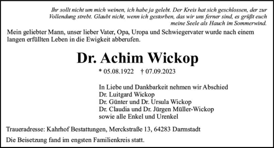 Traueranzeige von Achim Wickop von Darmstädter Echo