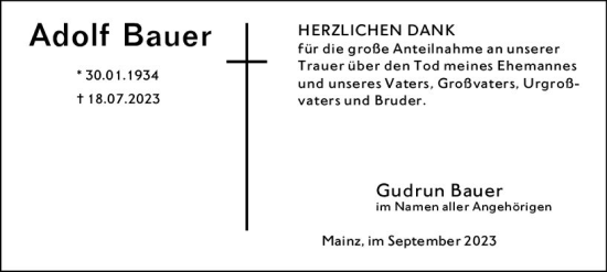 Traueranzeige von Adolf Bauer von Allgemeine Zeitung Mainz