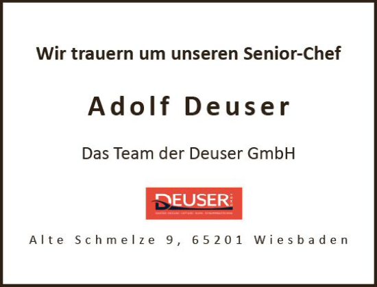 Traueranzeige von Adolf Deuser von Wiesbadener Kurier