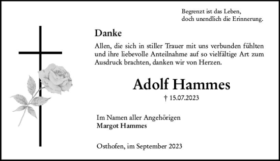 Traueranzeige von Adolf Hammes von Wormser Zeitung