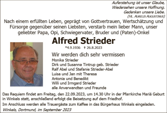 Traueranzeige von Alfred Strieder von Weilburger Tageblatt