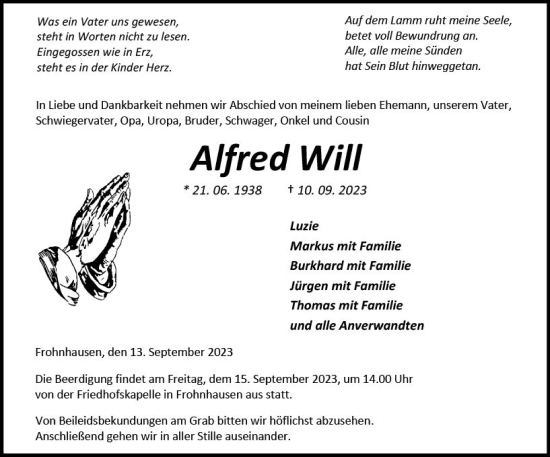 Traueranzeige von Alfred Will von Dill Block