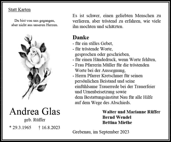 Traueranzeige von Andrea Glas von Oberhessen Kurier