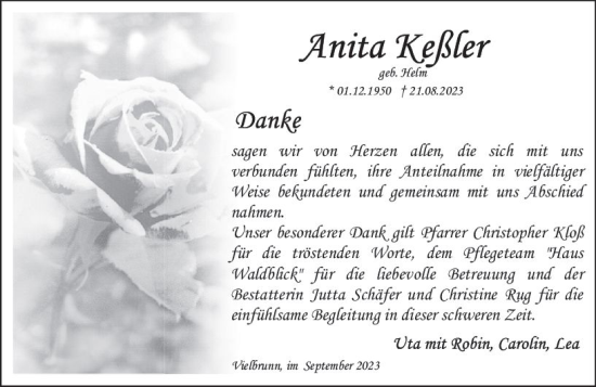 Traueranzeige von Anita Keßler von Odenwälder Echo