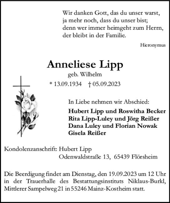 Traueranzeige von Anneliese Lipp von Allgemeine Zeitung Mainz