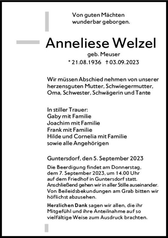 Traueranzeige von Anneliese Welzel von Dill Block