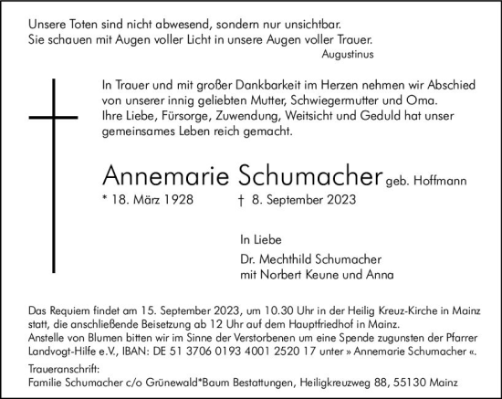 Traueranzeige von Annemarie Schumacher von Allgemeine Zeitung Mainz