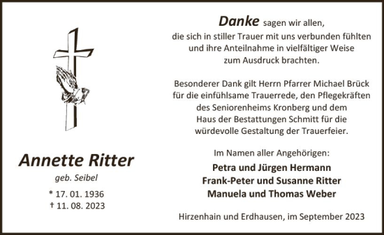 Traueranzeige von Annette Ritter von Hinterländer Anzeiger