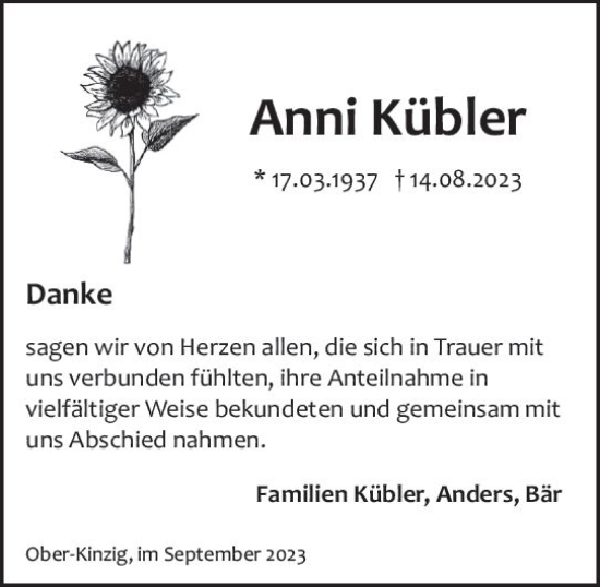 Traueranzeige von Anni Kübler von Odenwälder Echo