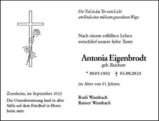 Traueranzeige von Antonia Eigenbrodt von Allgemeine Zeitung Mainz