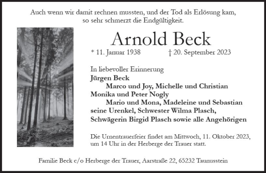 Traueranzeige von Arnold Beck von Wiesbadener Kurier