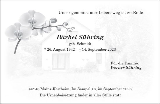 Traueranzeige von Bärbel Sühring von Allgemeine Zeitung Mainz