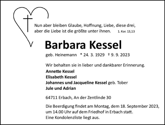 Traueranzeige von Barbara Kessel von Odenwälder Echo