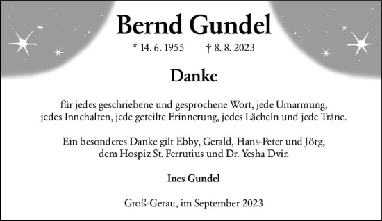 Traueranzeige von Bernd Gundel von Groß-Gerauer Echo