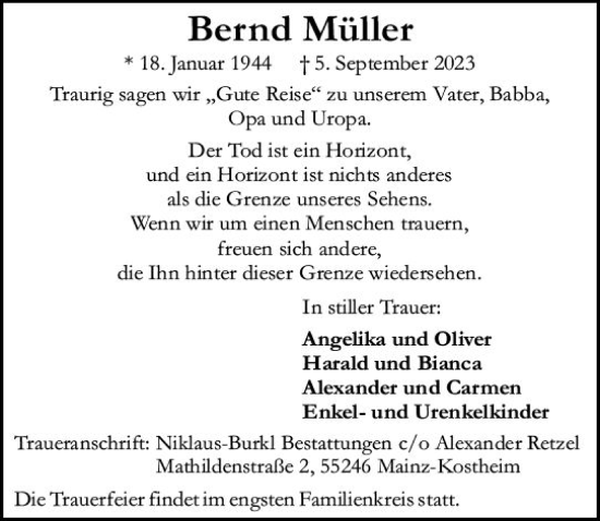 Traueranzeige von Bernd Müller von Wiesbadener Kurier
