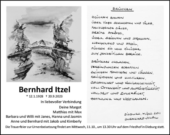 Traueranzeige von Bernhard Itzel von Dieburger Anzeiger/Groß-Zimmerner Lokal-Anzeiger