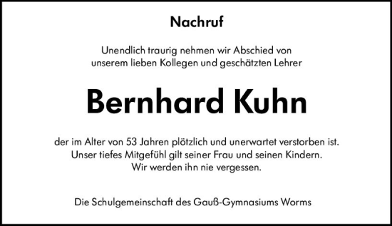 Traueranzeige von Bernhard Kuhn von Wormser Zeitung
