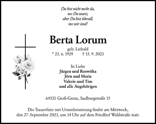 Traueranzeige von Berta Lorum von Groß-Gerauer Echo