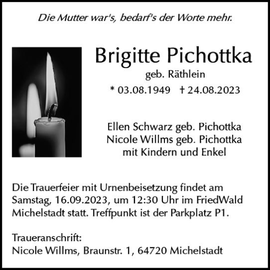 Traueranzeige von Brigitte Pichottka von Odenwälder Echo
