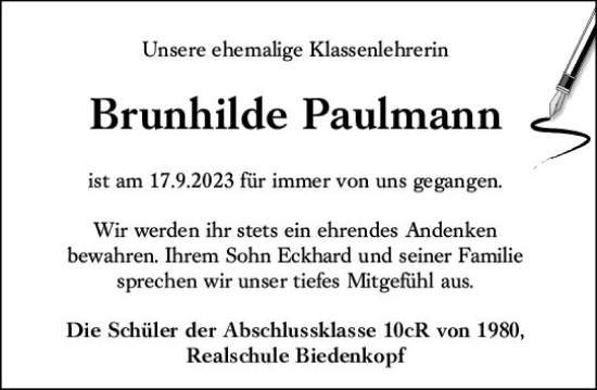 Traueranzeige von Brunhilde Paulmann von Hinterländer Anzeiger