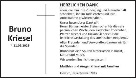 Traueranzeige von Bruno Kriesel von Rheingau Kurier