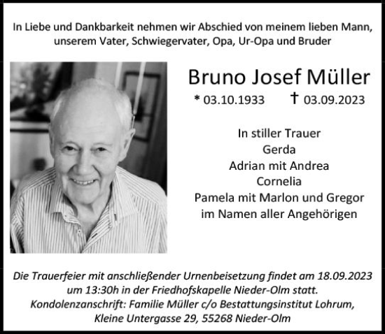 Traueranzeige von Bruno Josef Müller von Allgemeine Zeitung Mainz