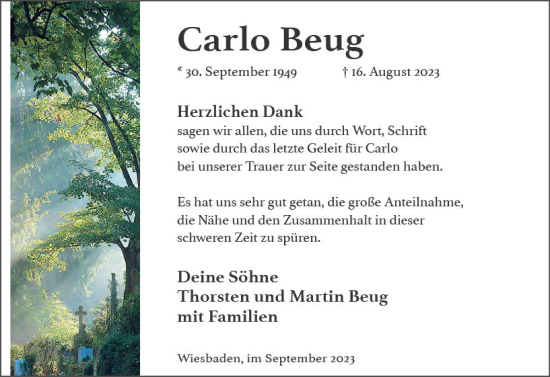 Traueranzeige von Carlo Beug von Wiesbadener Kurier