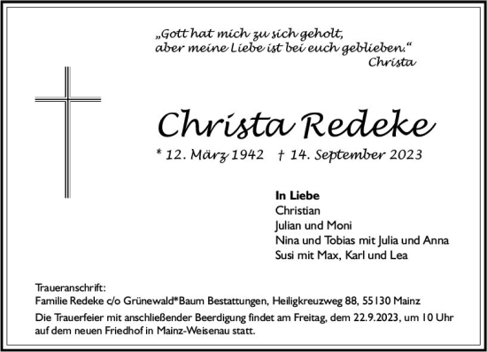 Traueranzeige von Christa Redeke von Allgemeine Zeitung Mainz