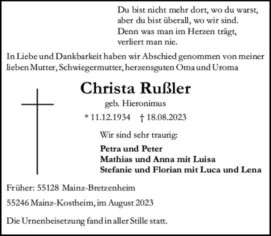 Traueranzeige von Christa Rußler von Allgemeine Zeitung Mainz